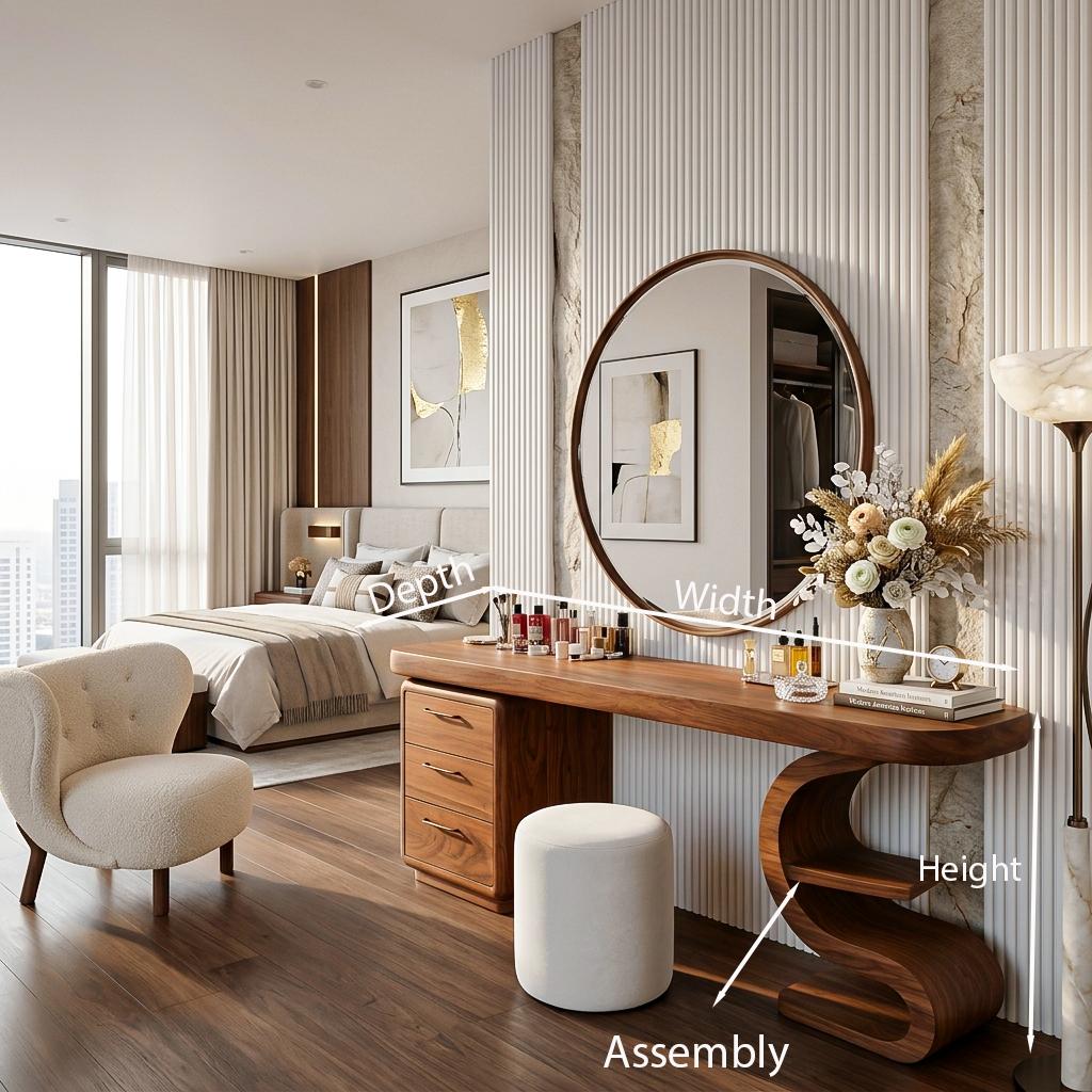 Spry Interior Modern Sculptural Vanity Table, Elegant Wooden Makeup Dressing Desk Console with Storage for Bedroom & Studio, SITHTTMV021