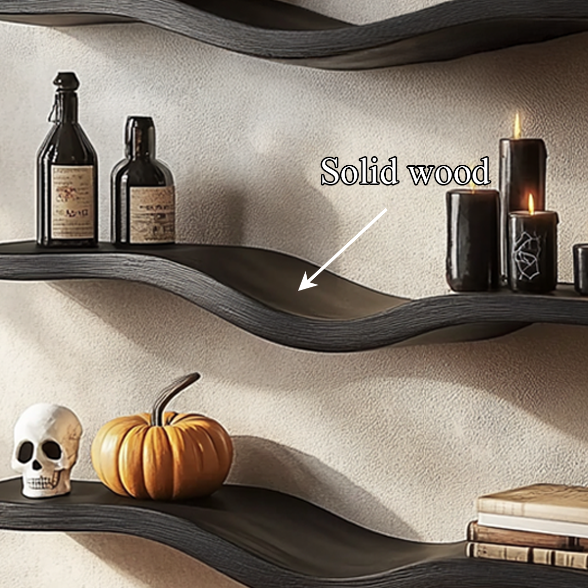 Mid Century Halloween Wavy Floating Shelf, Modern Solid Wood Curved Wall Shelf Organizer for Living Room Decor
