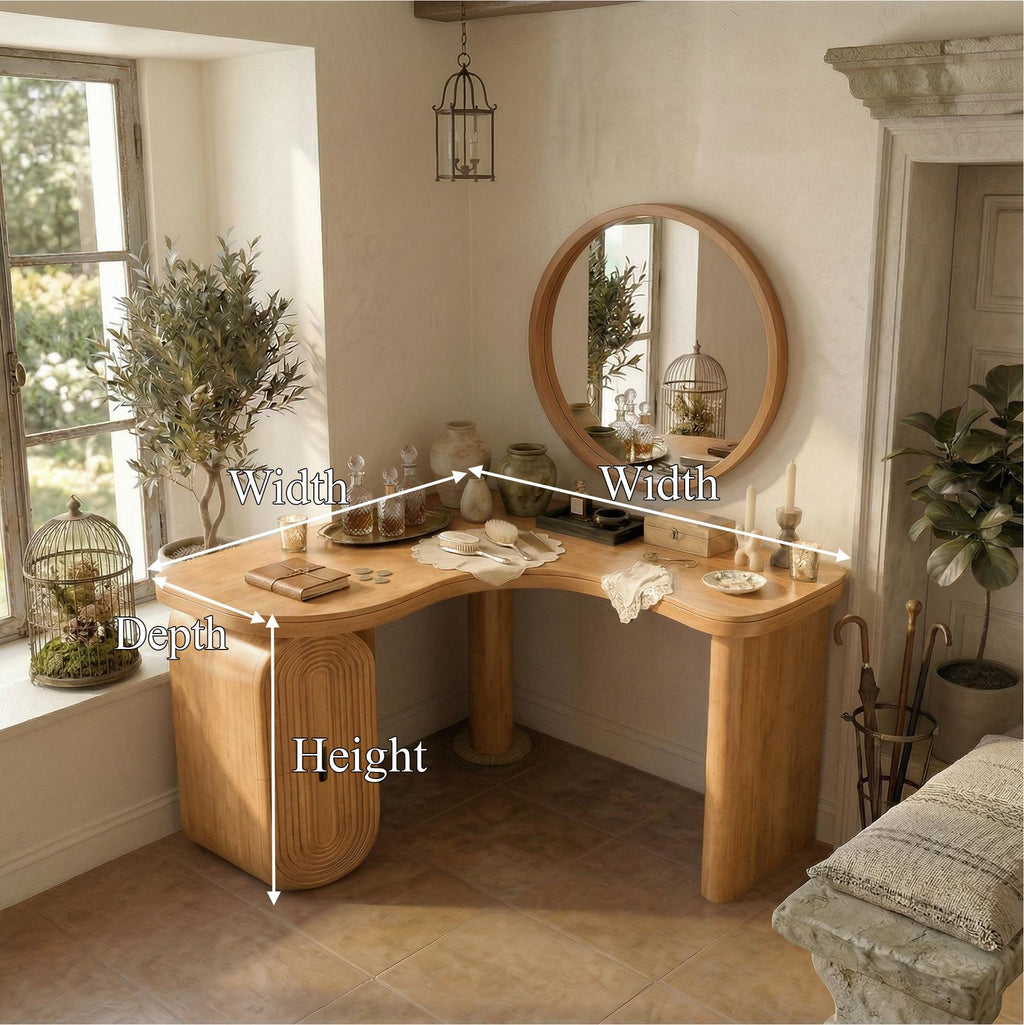 Spry Interior Organic Corner Dressing Table with Storage, Solid Wood Makeup Vanity Desk, Space-Saving Bedroom Vanity, SINLSABDT066
