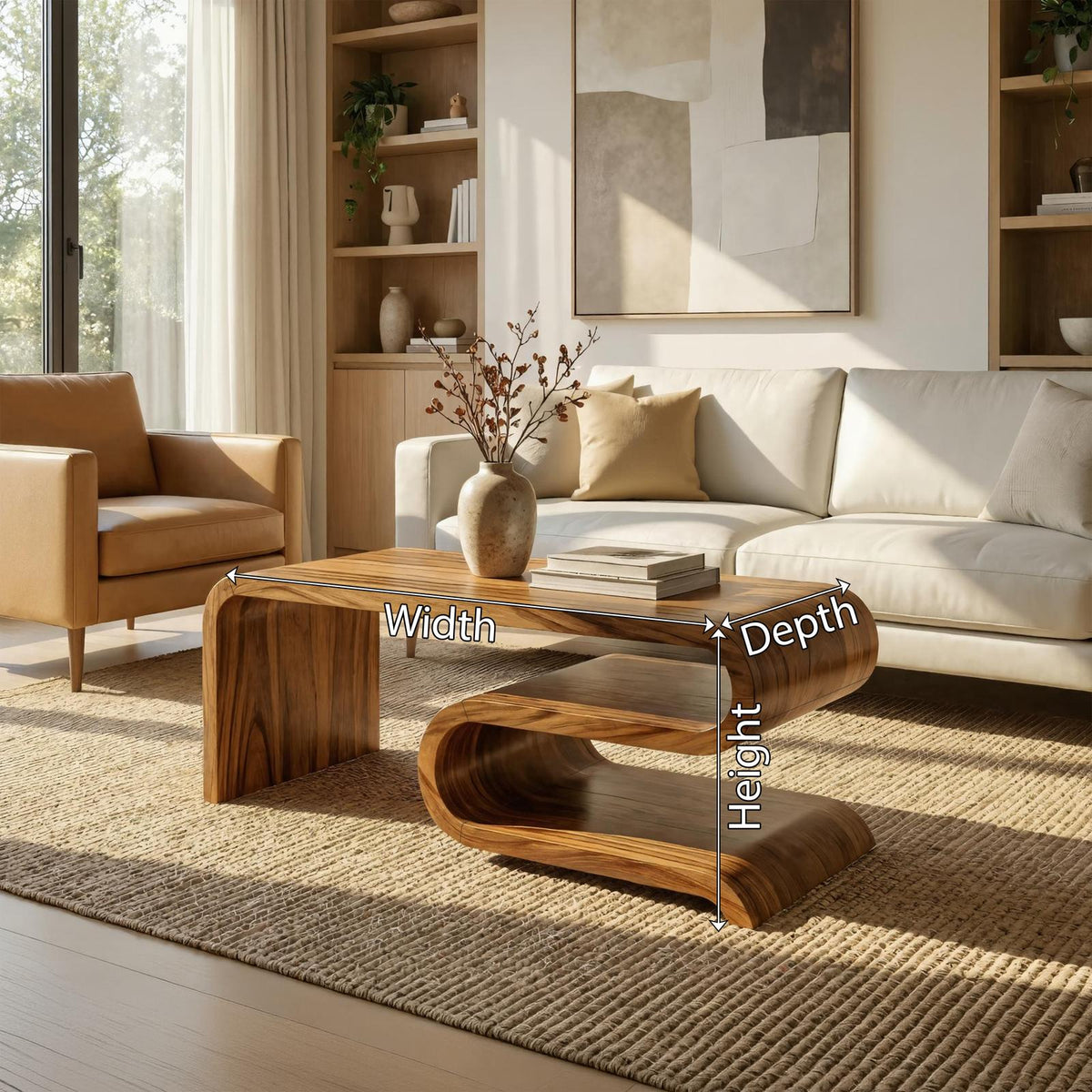 Modern Curved Solid Wood Coffee Table, Minimalist Sculptural Center Table for Living Room Lounge, Contemporary