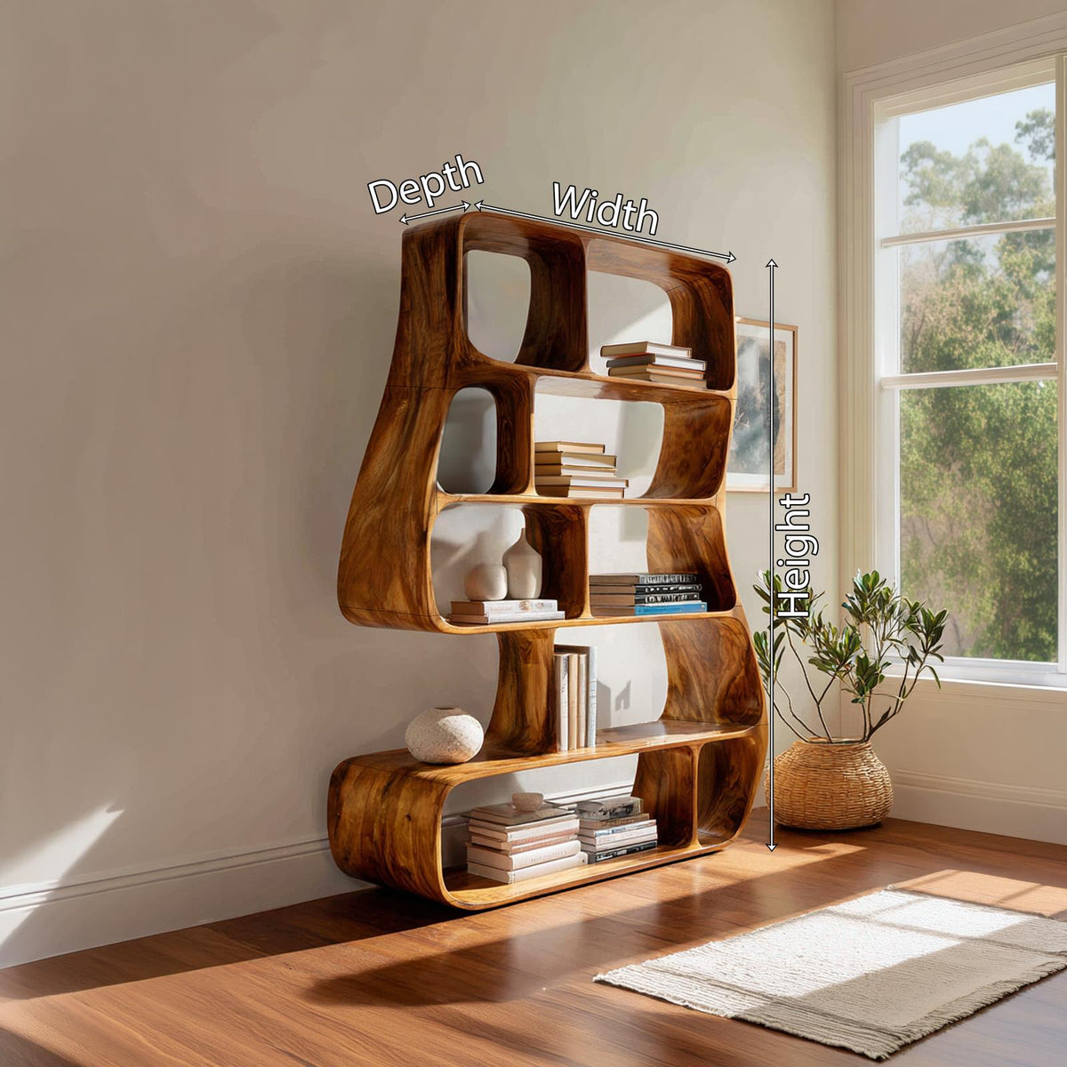 Contemporary Artistic Bookshelf, Unique Wooden Decorative Bookcase for Bedroom & Office Corner