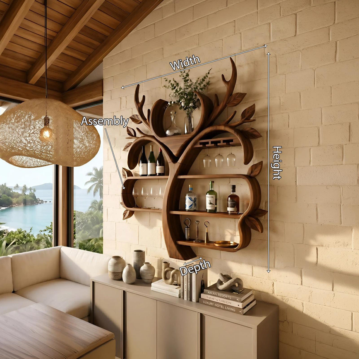 Resort Style Tree Inspired Wine Bar Shelf For Living Room