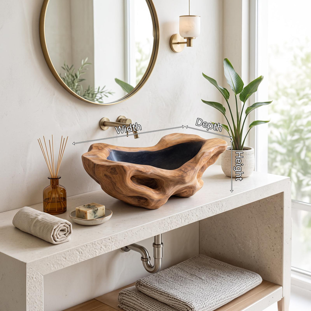 Rustic Wood Wash Basin, Handcrafted Natural Live Edge Wooden Vessel Sink for Vintage Farmhouse Bathroom Vanity