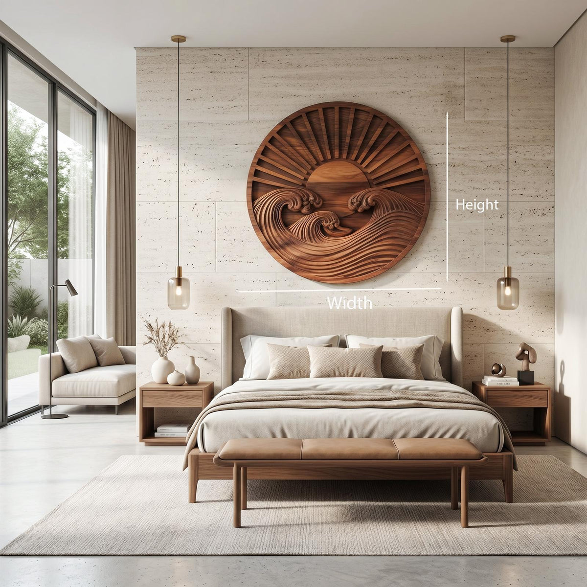 Round Wooden Wall Art with Carved Sun and Waves, Handcrafted Solid Wood Circular Relief Sculpture for Bedroom Decor