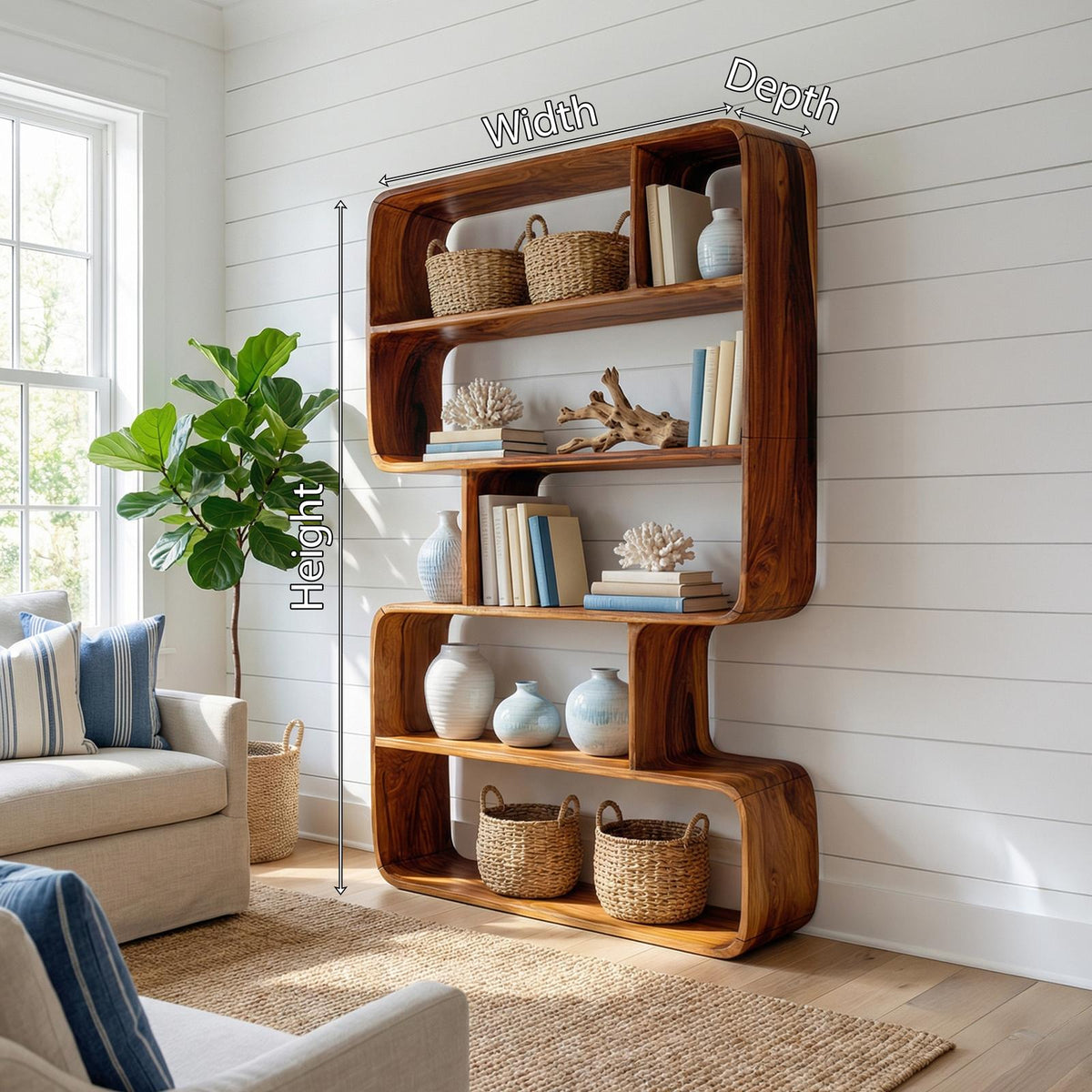 Japandi Sculptural Wood Bookshelf, Wall-Mounted Bathroom Open Storage Display Cabinet & Towel Rack Organizer
