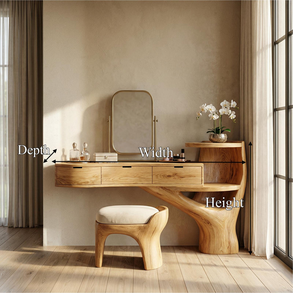 Spry Interior Organic Floating Dressing Table with Drawers, Solid Wood Tree Base Makeup Vanity Desk for Bedroom Decor, SINLSABDT069