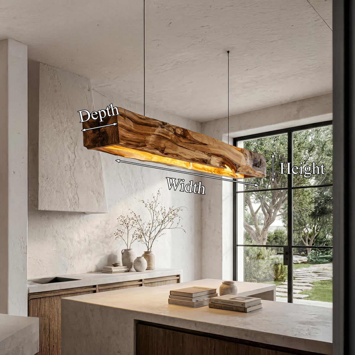 Organic Modern Pendant Light, Sculptural Wood Beam Hanging Ceiling Fixture for Kitchen Island & Living Room, Model