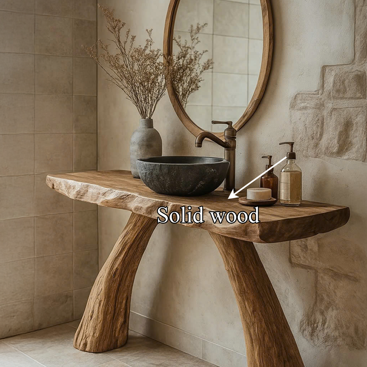 Mid-Century Solid Wood Console, Bathroom Vanity Countertop Table, Single Sink Washstand with Storage Shelf
