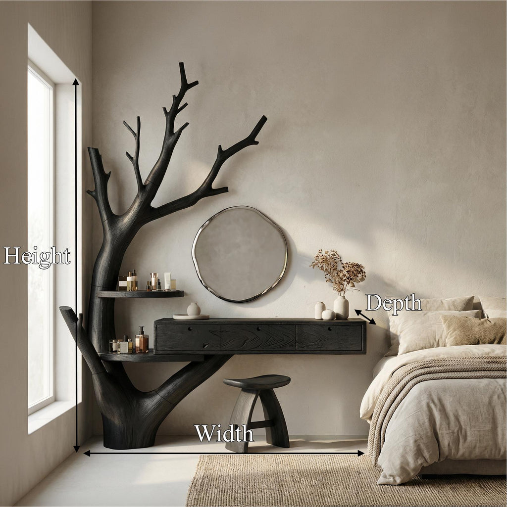 Spry Interior Minimalist Floating Dressing Table with Drawers, Solid Wood Tree Base Makeup Vanity Desk for Bedroom, SINLSABDT070