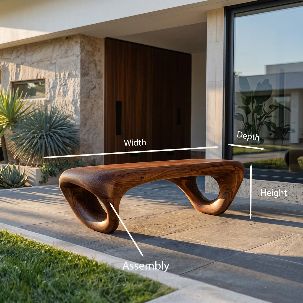 Modern Sculptural Outdoor Bench, Weather-Resistant Handcrafted Solid Wood Garden Patio Bench Seating & Park Furniture
