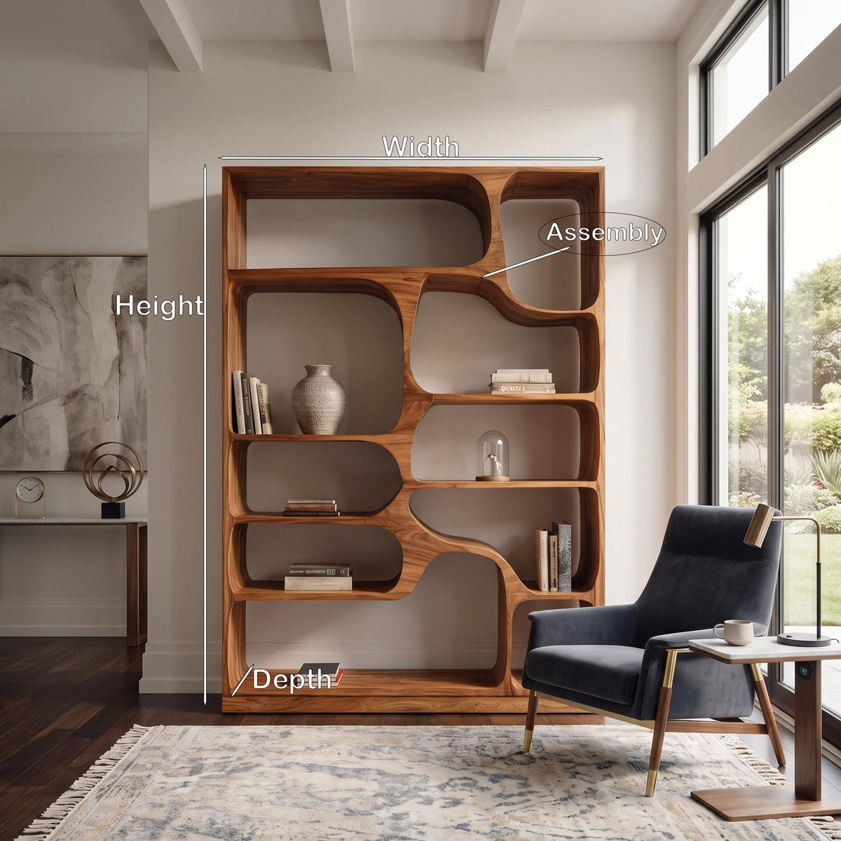 Artistic Wood Bookcase, Handcrafted Sculptural Bookshelf with Open Shelving for Living Room, Bedroom & Office