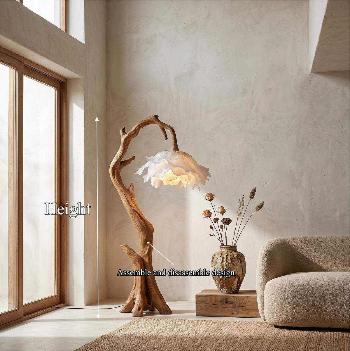 Nature Inspired Flower Floor Lamp with Solid Wood Base, Floral Shade Standing Light for Living Room, Model