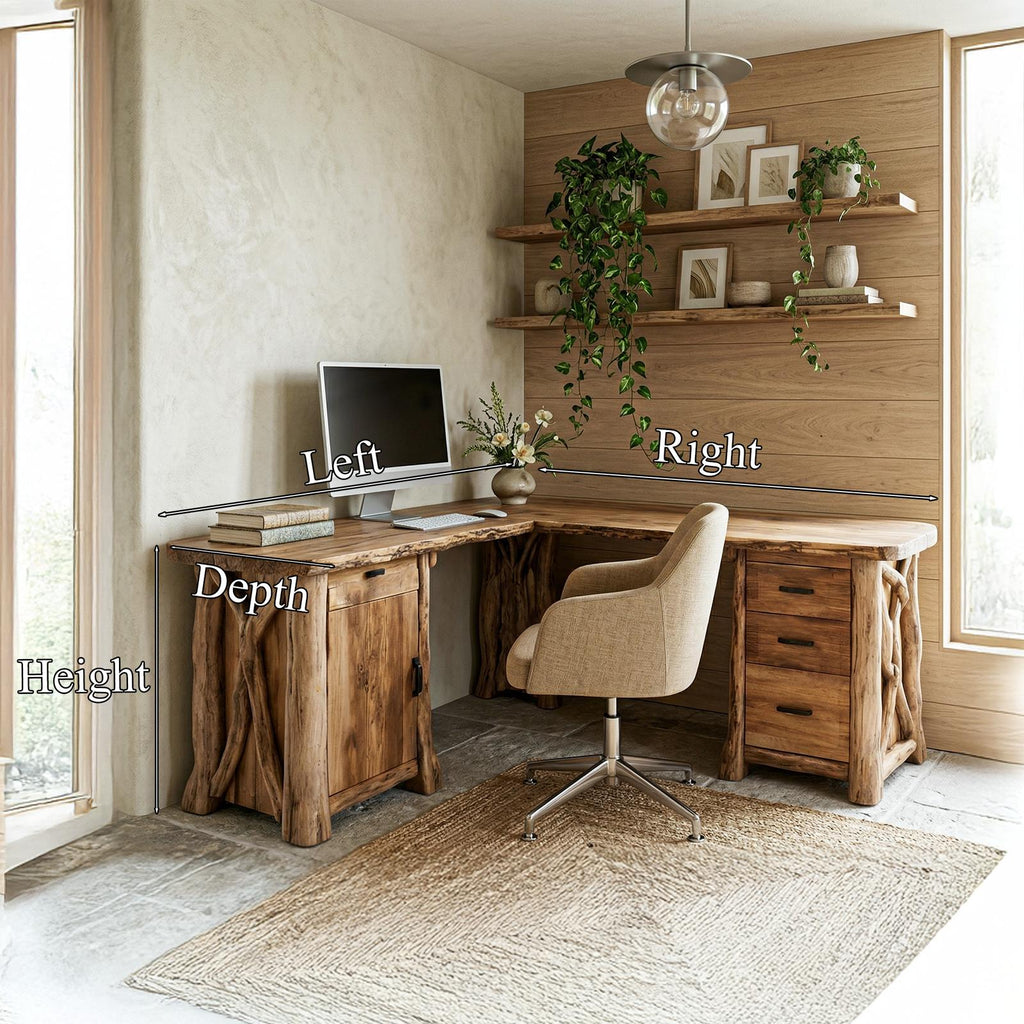 Modern Rustic L-Shape Office Desk with Storage, Solid Wood Corner Workstation, Study Writing Table