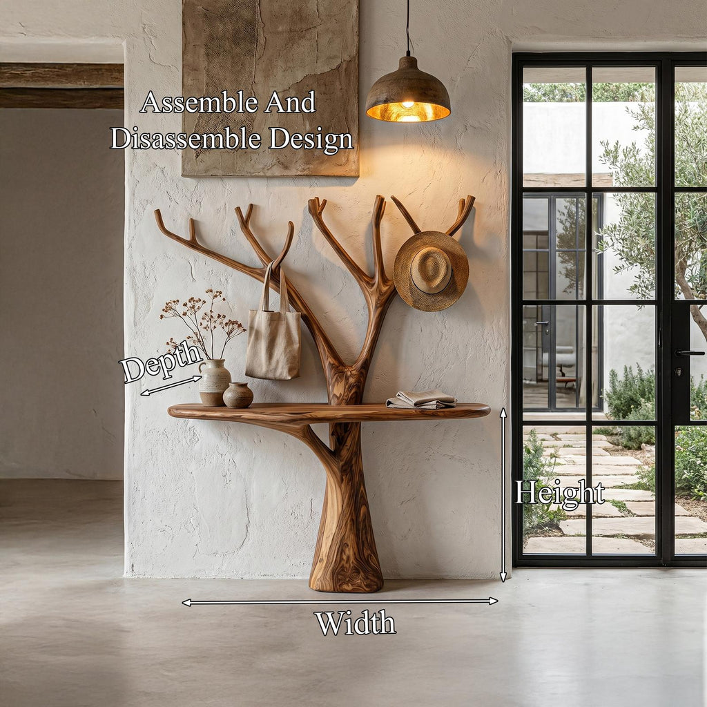 Rustic Organic Wooden Console Table, Live Edge Hallway Entryway Table with Tree Branch Base, Model