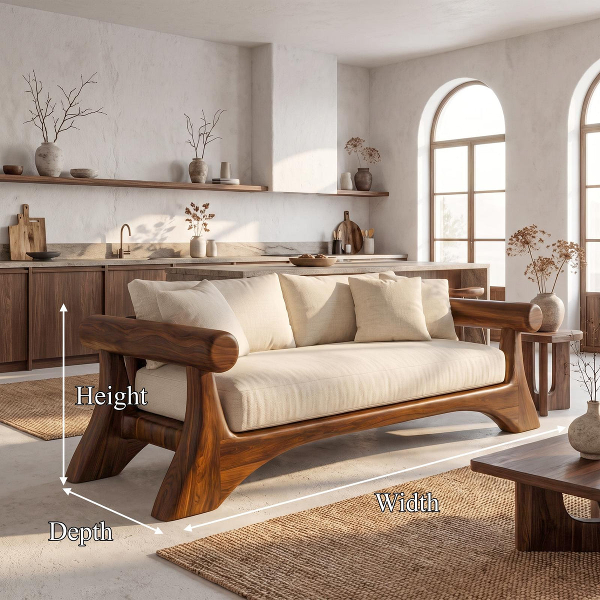Minimalist Sofa Frame With Curved Solid Wood Arms For Living Room