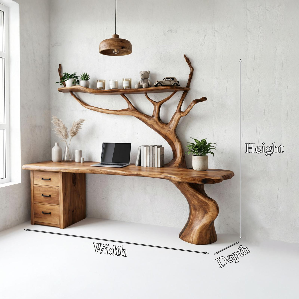 Nature-Inspired Tree Branch Desk, Sculptural Solid Wood Corner Workstation for Home Office, Study Table