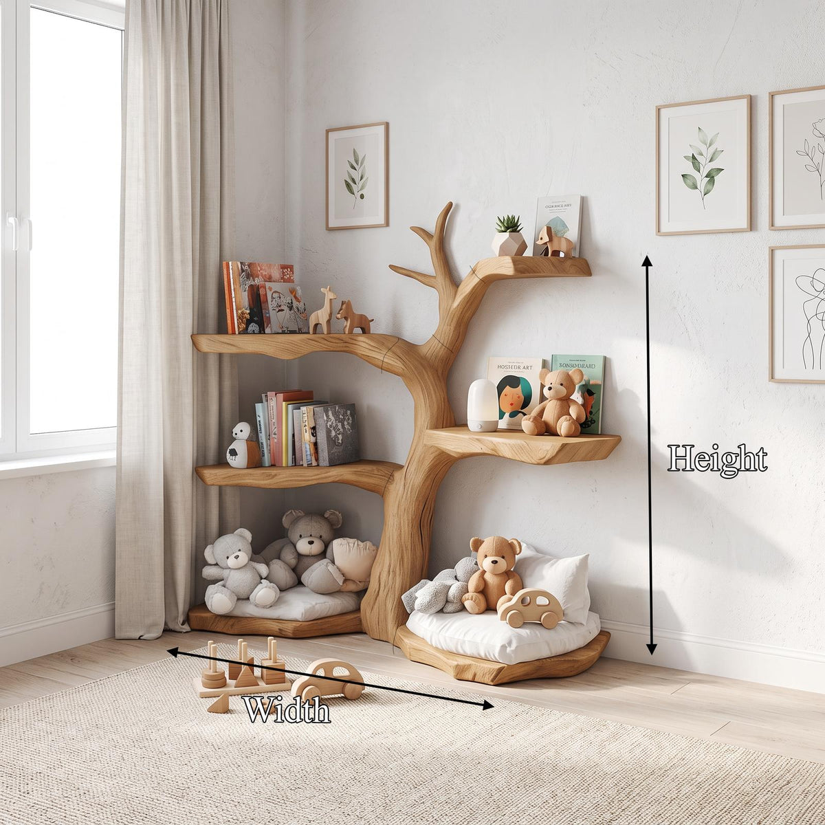 Rustic Corner Tree Bookshelf, Solid Wood Kids Bedroom Wall Hanging Bookcase & Toy Storage Organizer Shelf