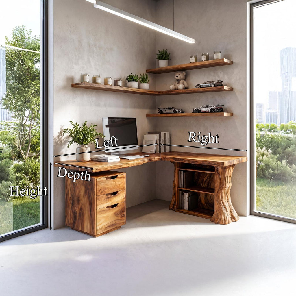 Organic Tree Branch Corner Desk with Integrated Floating Wall Shelf, Solid Wood Home Office Workstation