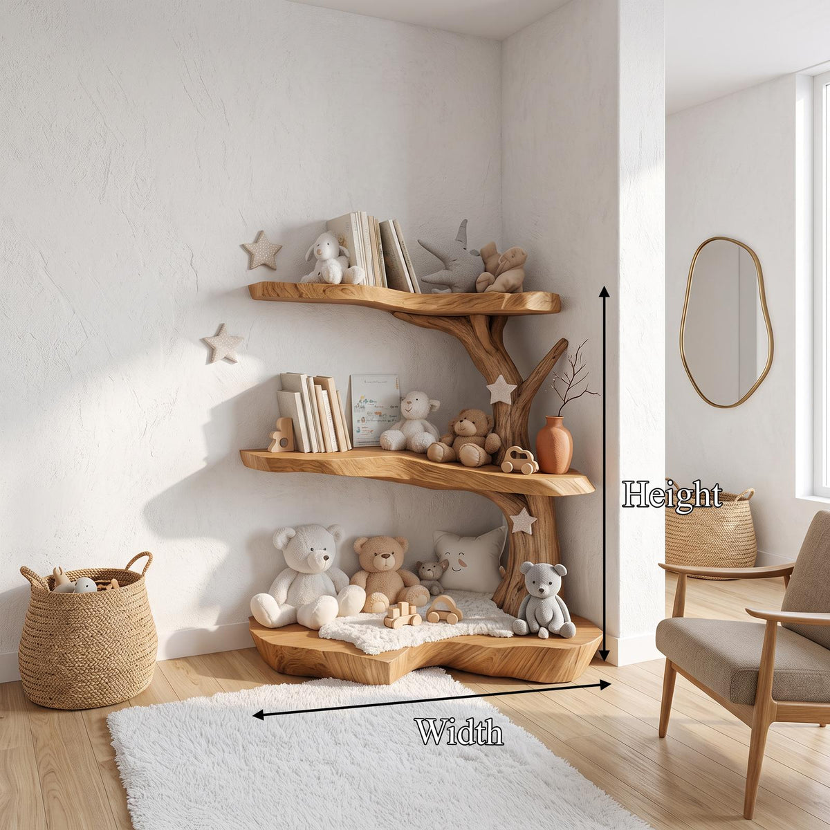Spry Interior Rustic Corner Tree Bookshelf, Solid Wood Kids Bedroom Wall Mounted Bookcase & Floating Toy Storage Organizer Shelf - SINLSATB312