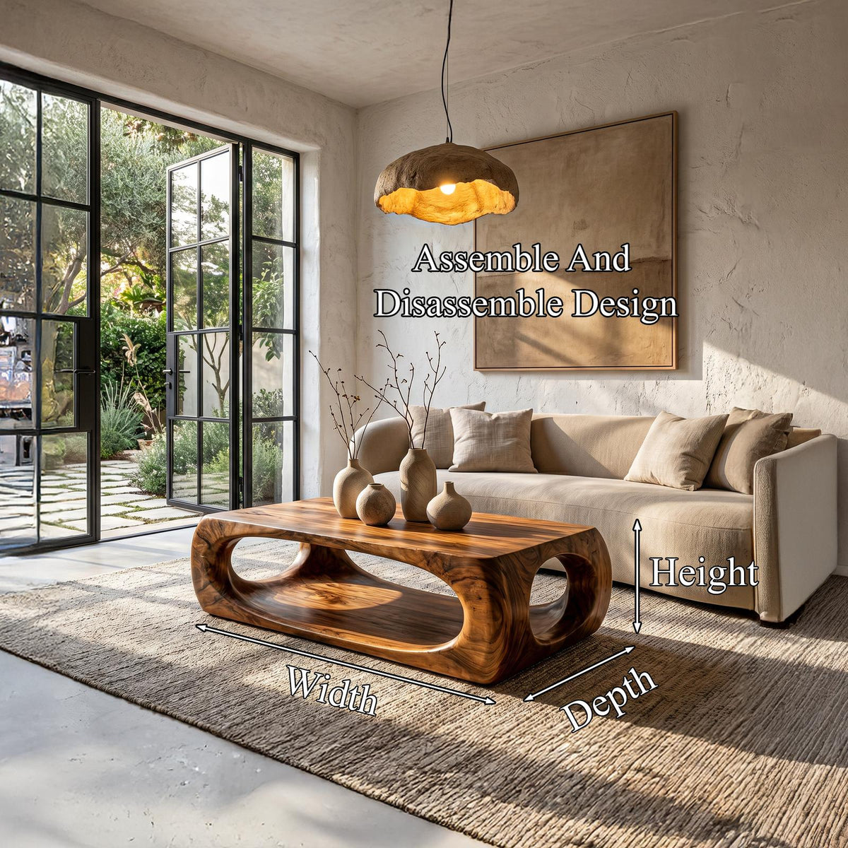Nature Inspired Coffee Table with Flowing Open Form Base, Handcrafted Organic Solid Wood Center Table, Model