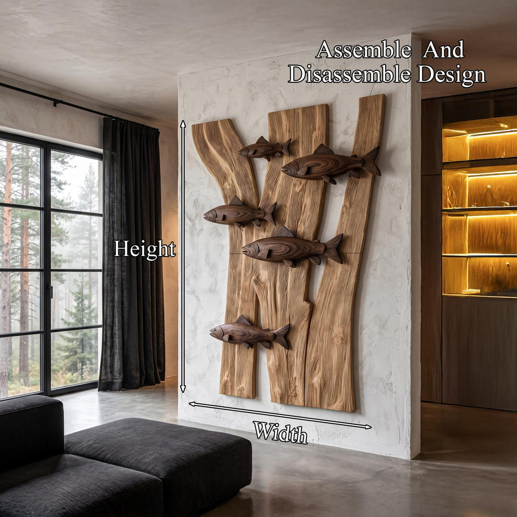 Contemporary Wooden Fish Wall Decor With Sculptural River Scene For Living Room And Entryway SINLHAWA142