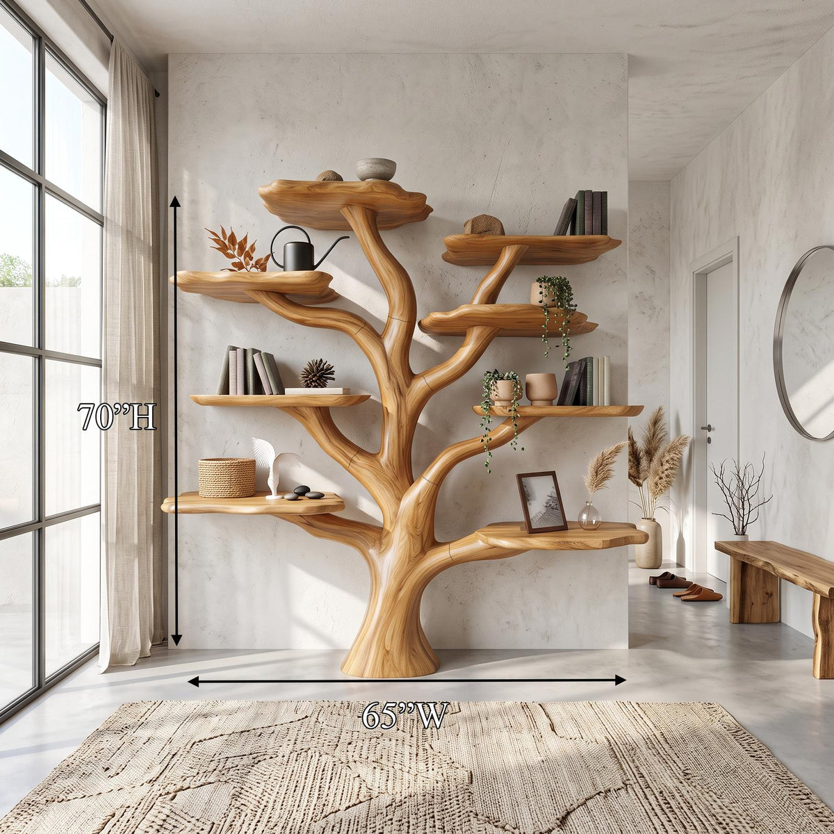 Rustic Mushroom Branch Bookshelf, Solid Wood Wall Mounted Bookcase & Floating Display Shelf for Living Room or Dining Room