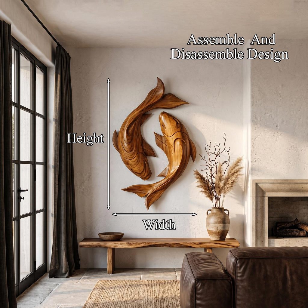 Contemporary Wood Wall Sculpture With Carved Koi Fish Design For Living Room And Office SINLHAWA143
