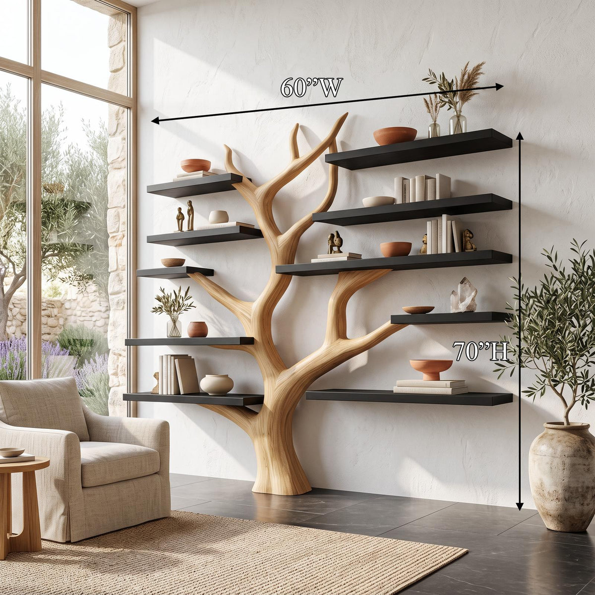 Rustic Tree Bookshelf, Solid Wood Wall Mounted Bookcase & Cozy Floating Storage Shelf for Bedroom or Living Room Decor
