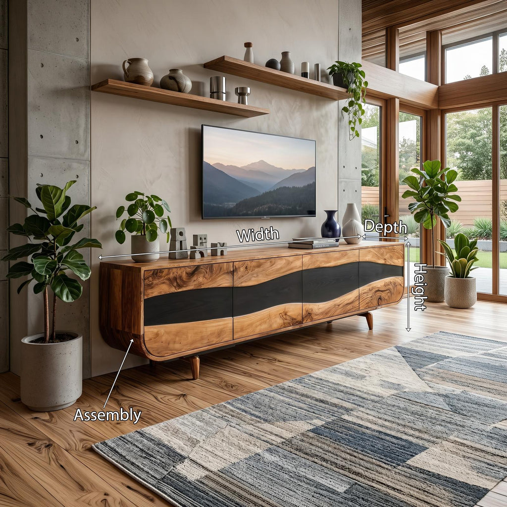 Handcrafted Wooden Live Edge TV Stand, Rustic Solid Wood Media Console & Entertainment Center