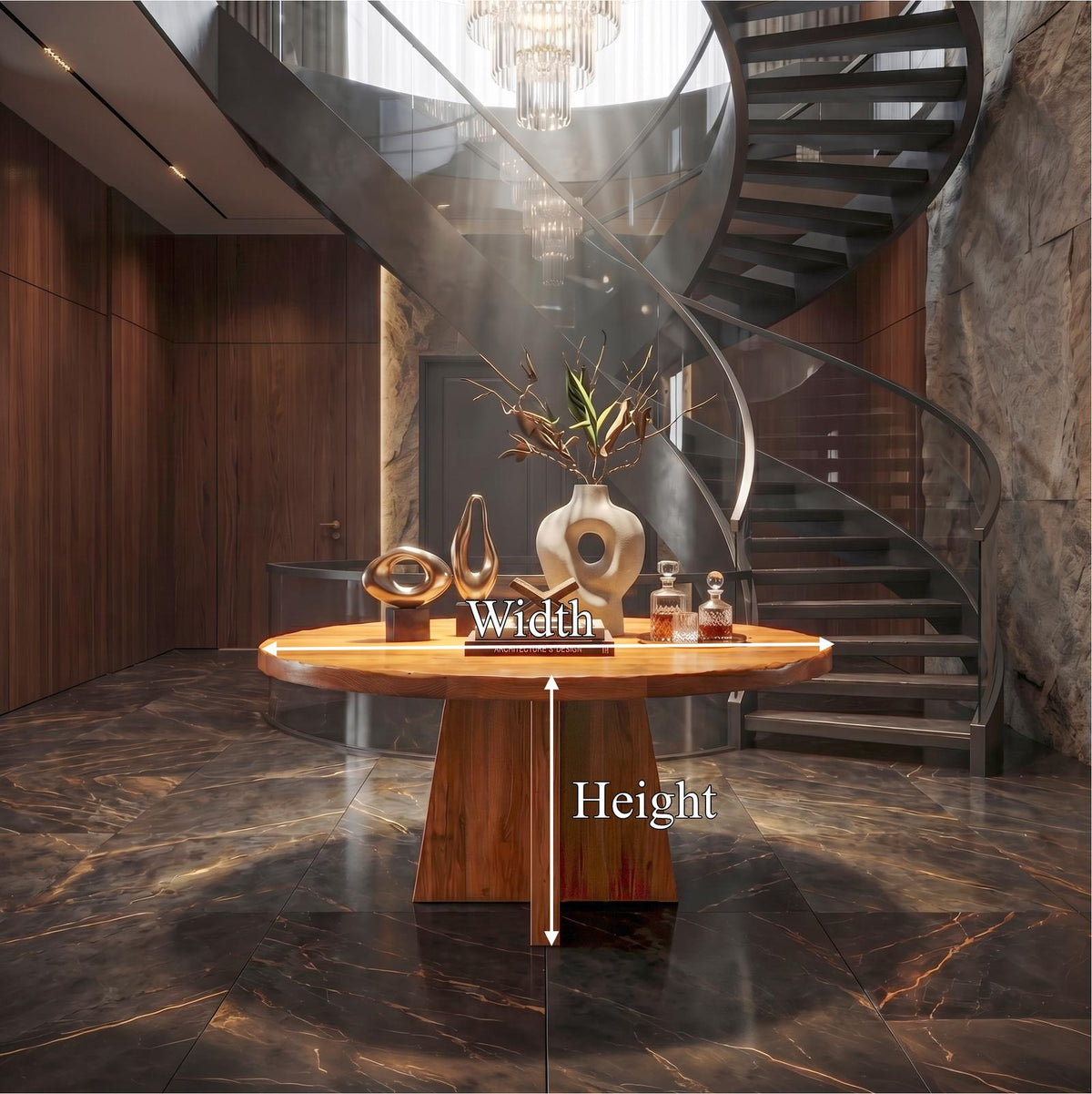 Modern Luxury Round Pedestal Table, Solid Wood Foyer Table, Architectural Entryway Accent Table for Lobby
