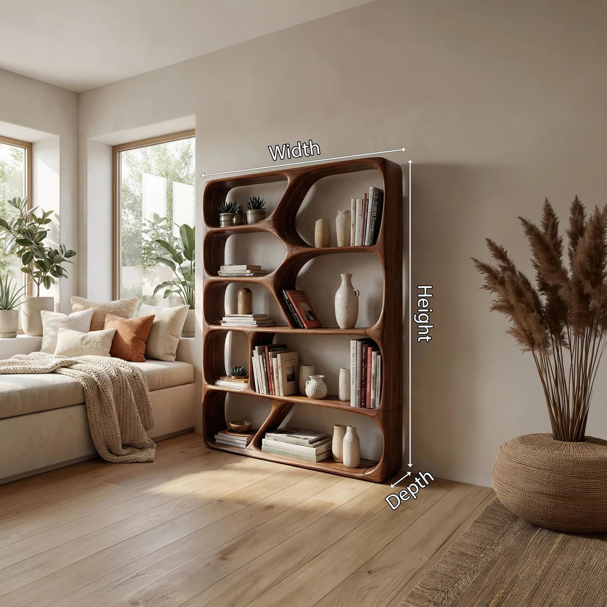 Mid Century Modern Handcrafted Wooden Bookcase, Solid Wood Open Shelf Display Organizer Rack for Living Room & Office Decor