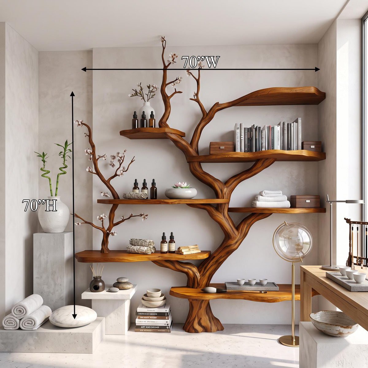 Sculptural Branch Bookcase, Solid Wood Tree Display Shelf for Living Room Interior Alcove Wall Decor