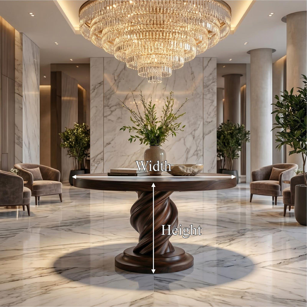 Modern Luxury Spiral Round Foyer Table, Solid Wood Twisted Pedestal Entryway Accent Table for Lobby