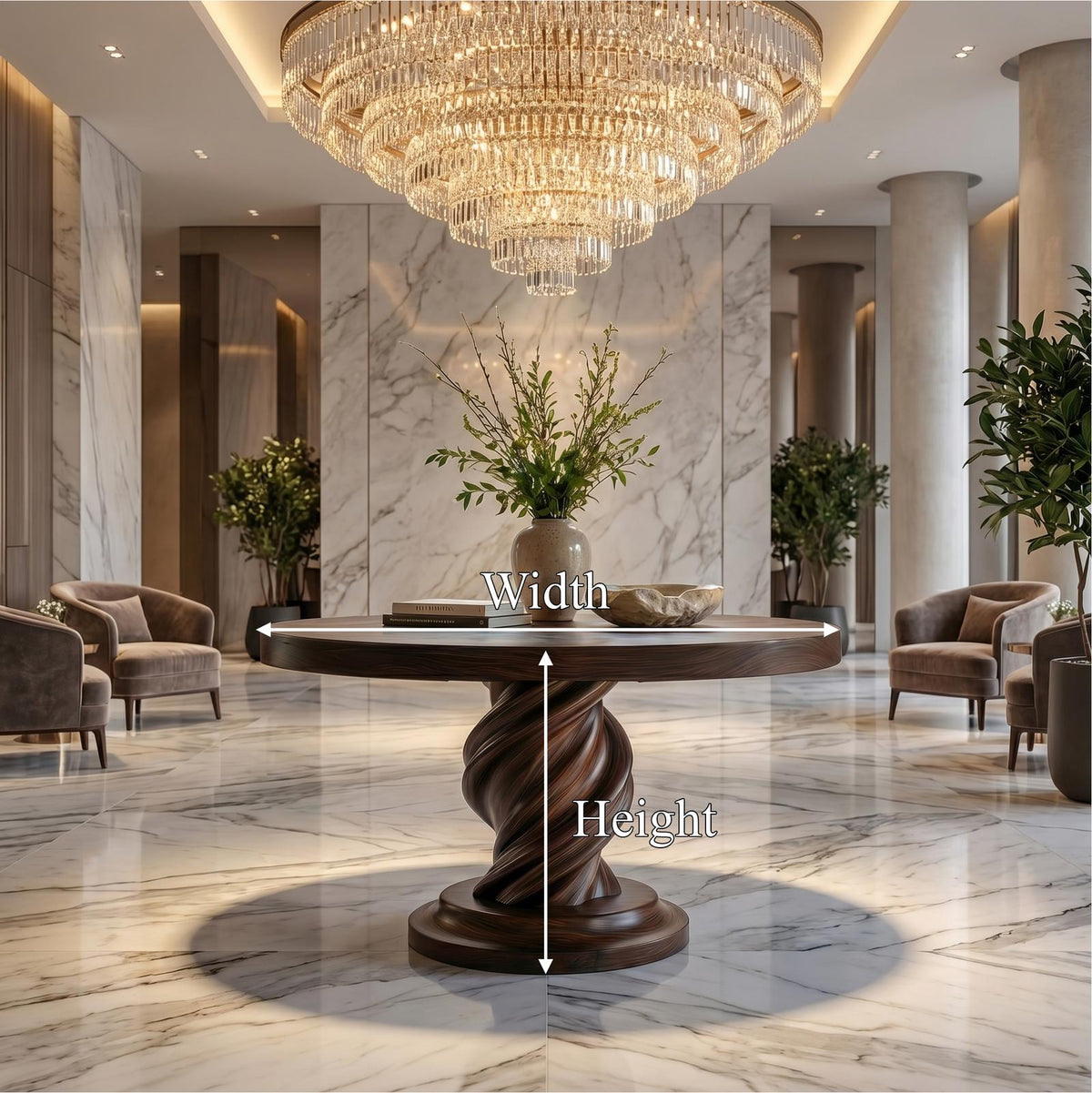 Modern Luxury Spiral Round Foyer Table, Solid Wood Twisted Pedestal Entryway Accent Table for Lobby