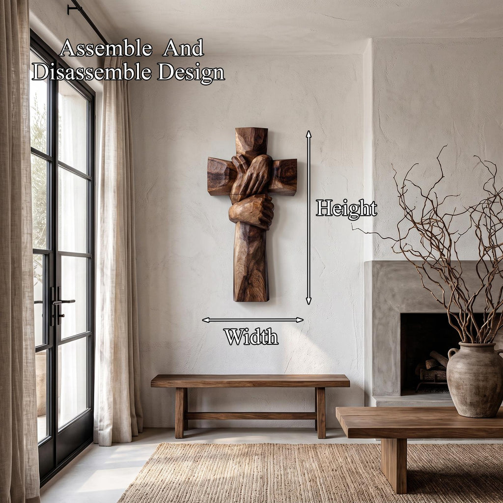 Rustic Wood Cross Wall Art With Praying Hands Design For Living Room And Prayer Room