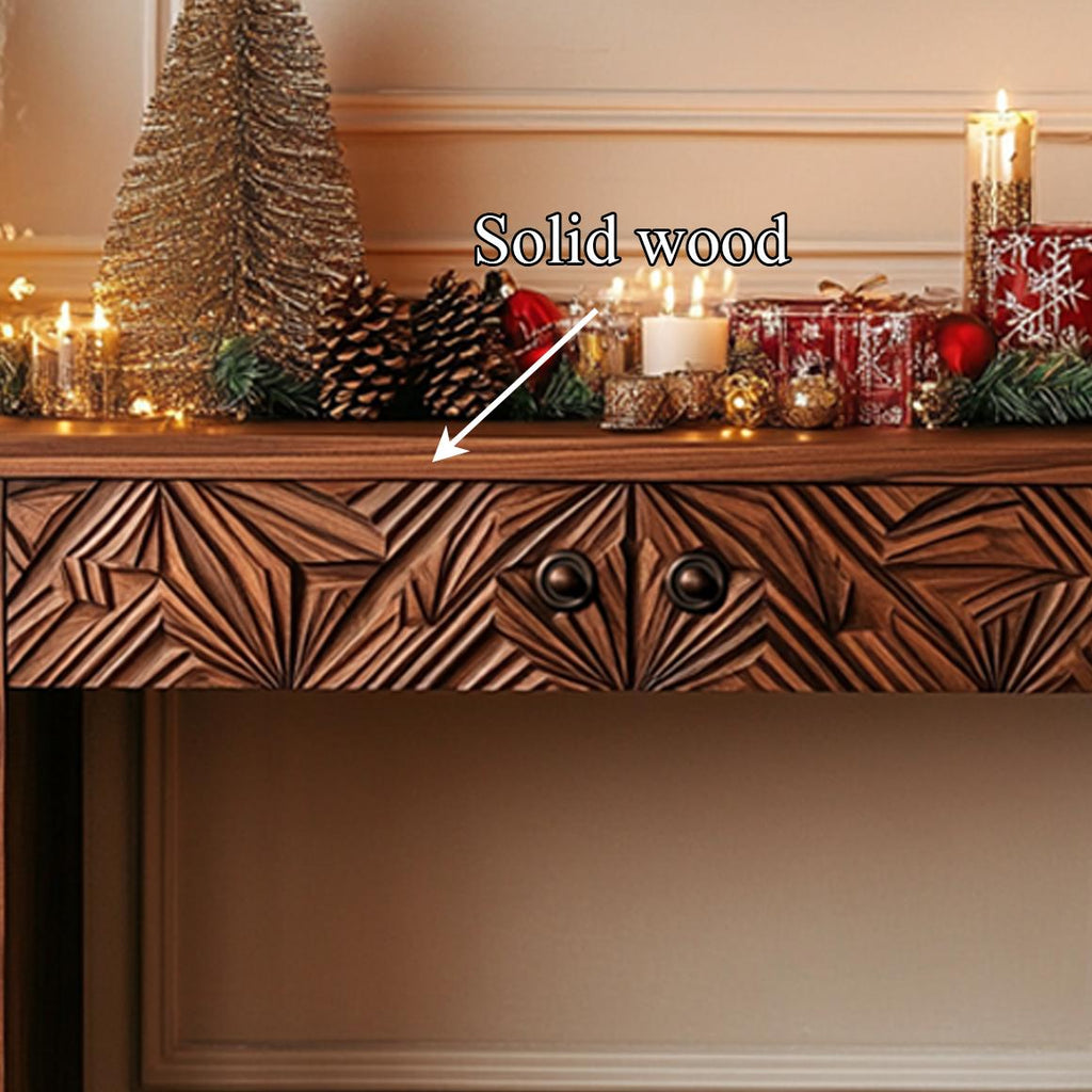 Rustic Carved Console Table, Handcrafted Solid Wood Entryway Table, Unique Foyer Holiday Display Table