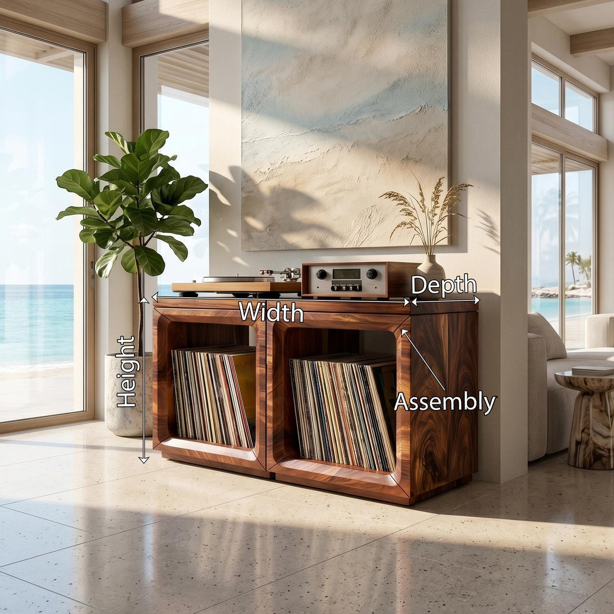 Coastal Minimalist Wood Record Storage Cabinet, Handcrafted Beach House Style Turntable Stand & LP Shelf, Model