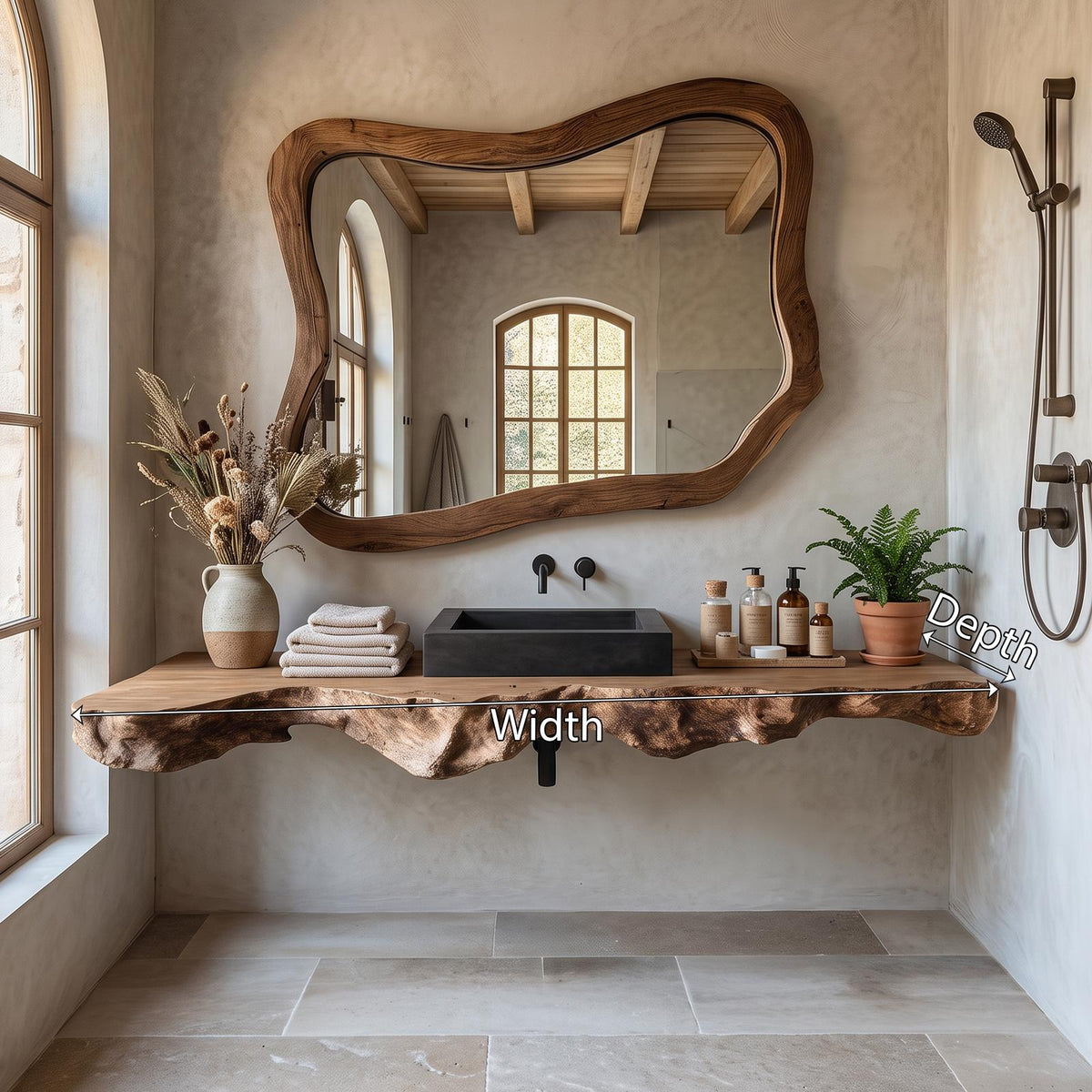 Spry Interior Live Edge Solid Wood Bathroom Vanity, Rustic Handcrafted Floating Sink Console Table with Storage Shelf, SILDTTRBAS024