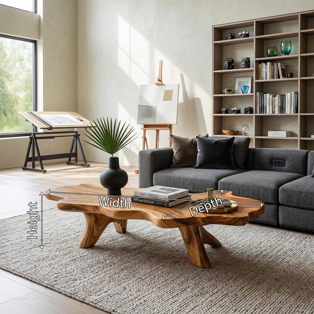 Handcrafted Solid Wood Low Coffee Table, Live Edge Natural Wood Center Table for Artisan Living Rooms