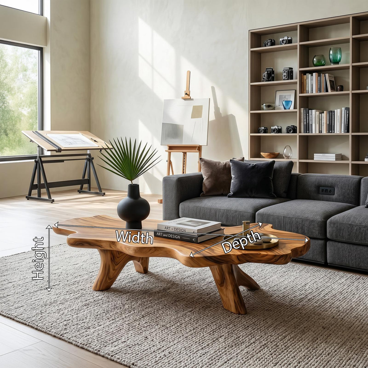 Handcrafted Solid Wood Low Coffee Table, Live Edge Natural Wood Center Table for Artisan Living Rooms