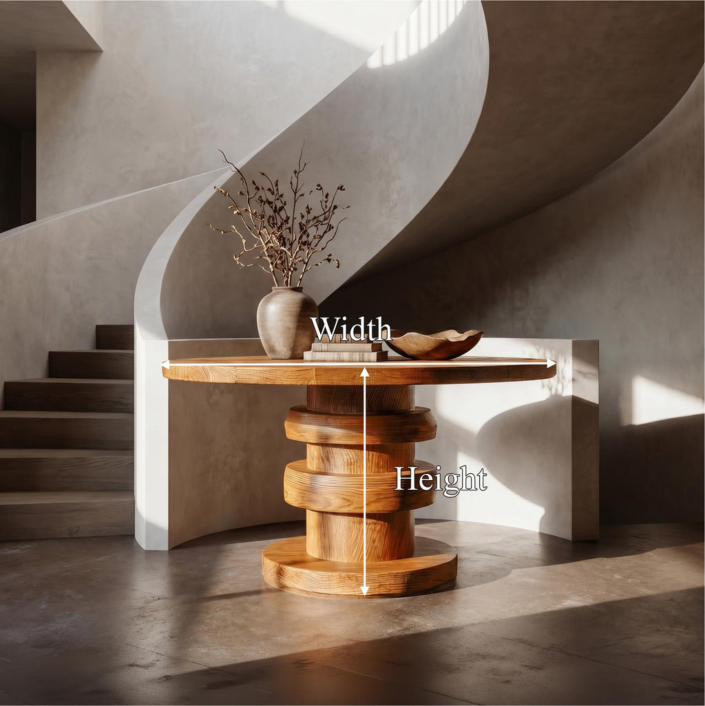 Modern Luxury Architectural Round Foyer Table, Solid Wood Sculptural Pedestal Entry Table for Lobby
