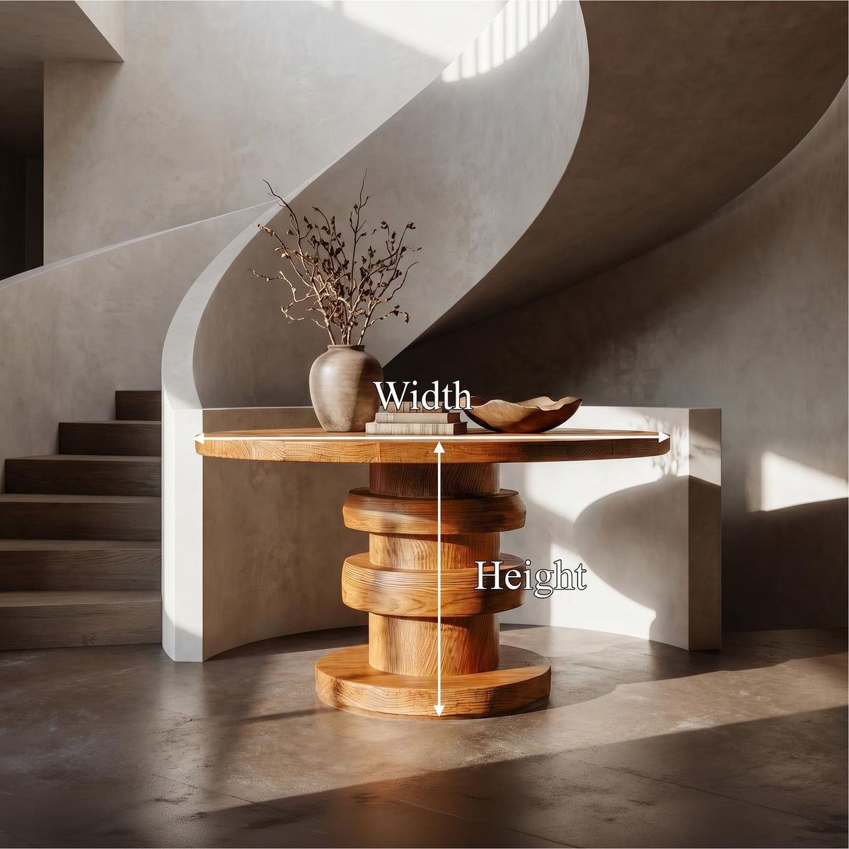 Modern Luxury Architectural Round Foyer Table, Solid Wood Sculptural Pedestal Entry Table for Lobby
