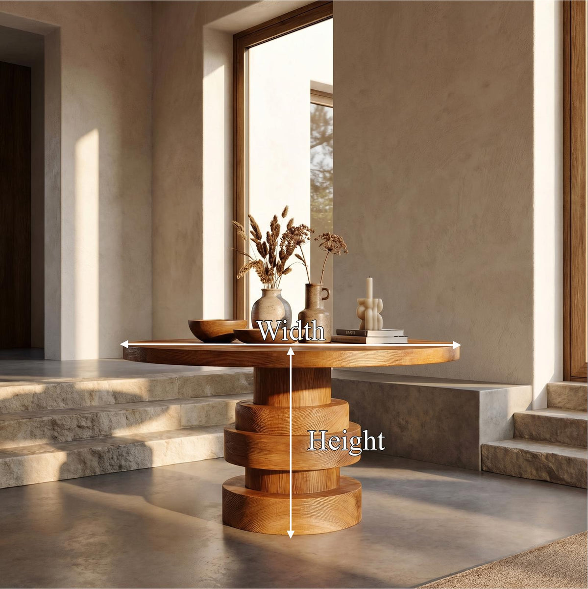 Modern Luxury Stacked Base Round Entryway Table, Solid Wood Architectural Foyer Pedestal Accent Table