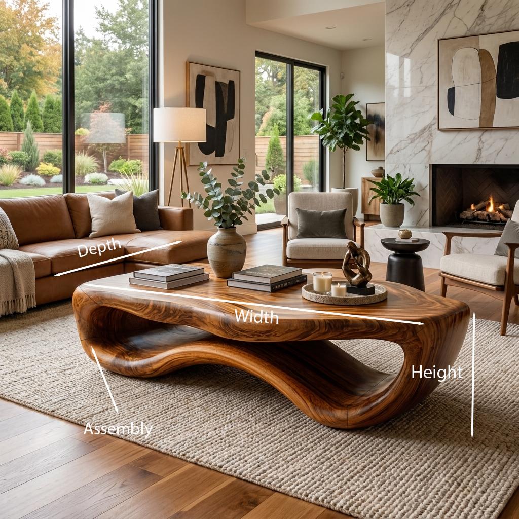 Artistic Wooden Coffee Table with Curved Form, Handcrafted Solid Wood Living Room Center Table, Model