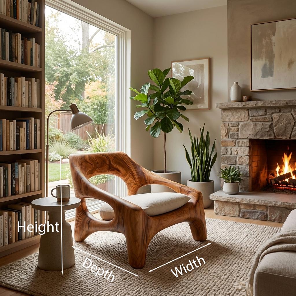 Contemporary Sculptural Wooden Chair, Handcrafted Solid Wood Outdoor Patio & Front Porch Accent Armchair