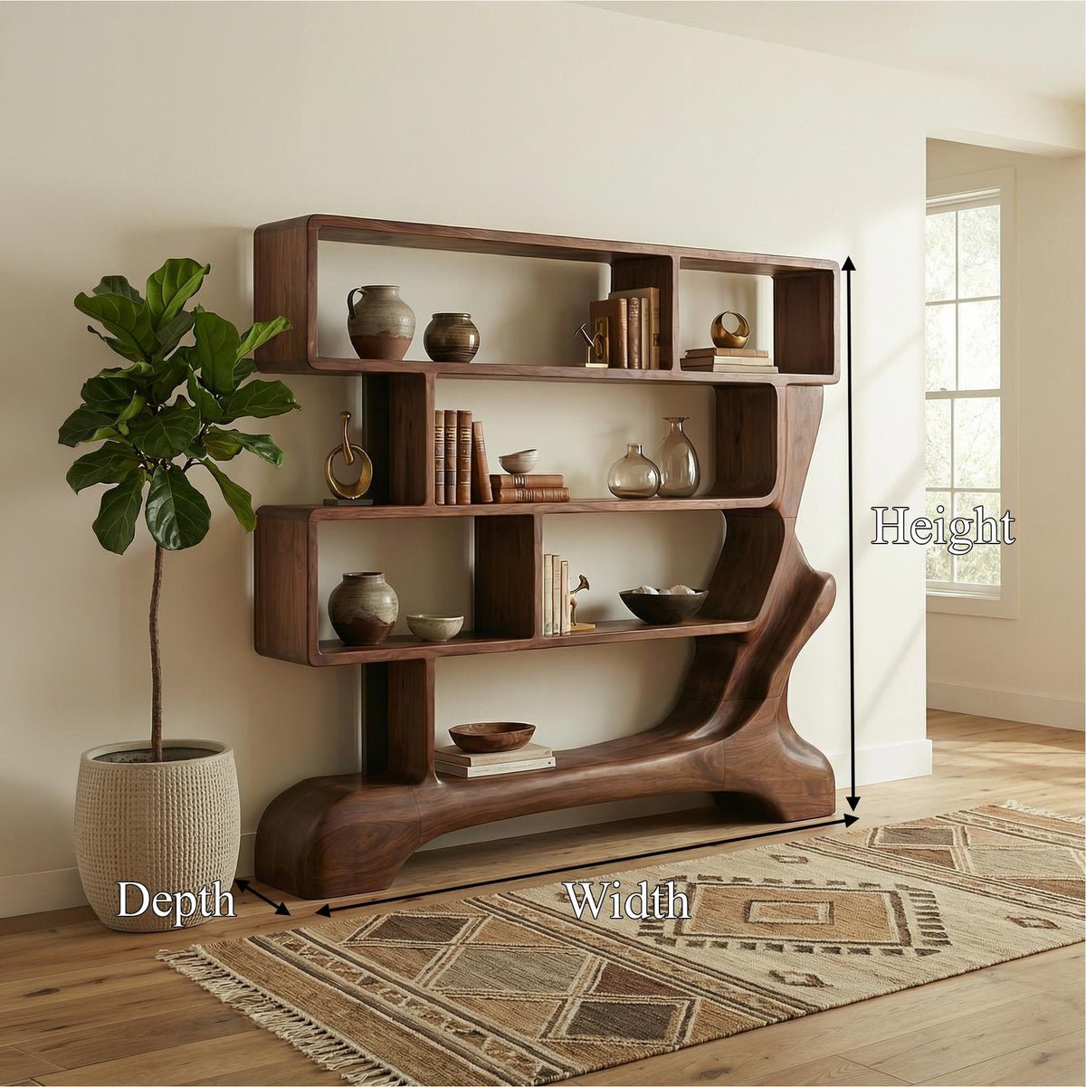 Organic Sculptural Bookshelf, Solid Wood Curved Tree Branch Bookcase, Decorative Display Shelf for Office