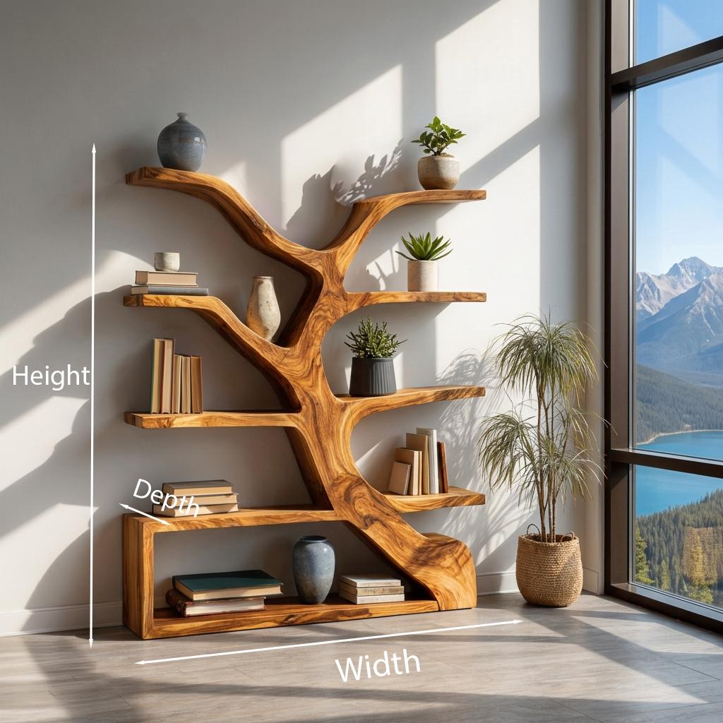 Organic Wooden Bookshelf with Branch Form, Handcrafted Solid Wood Bookcase for Living Room & Office Display