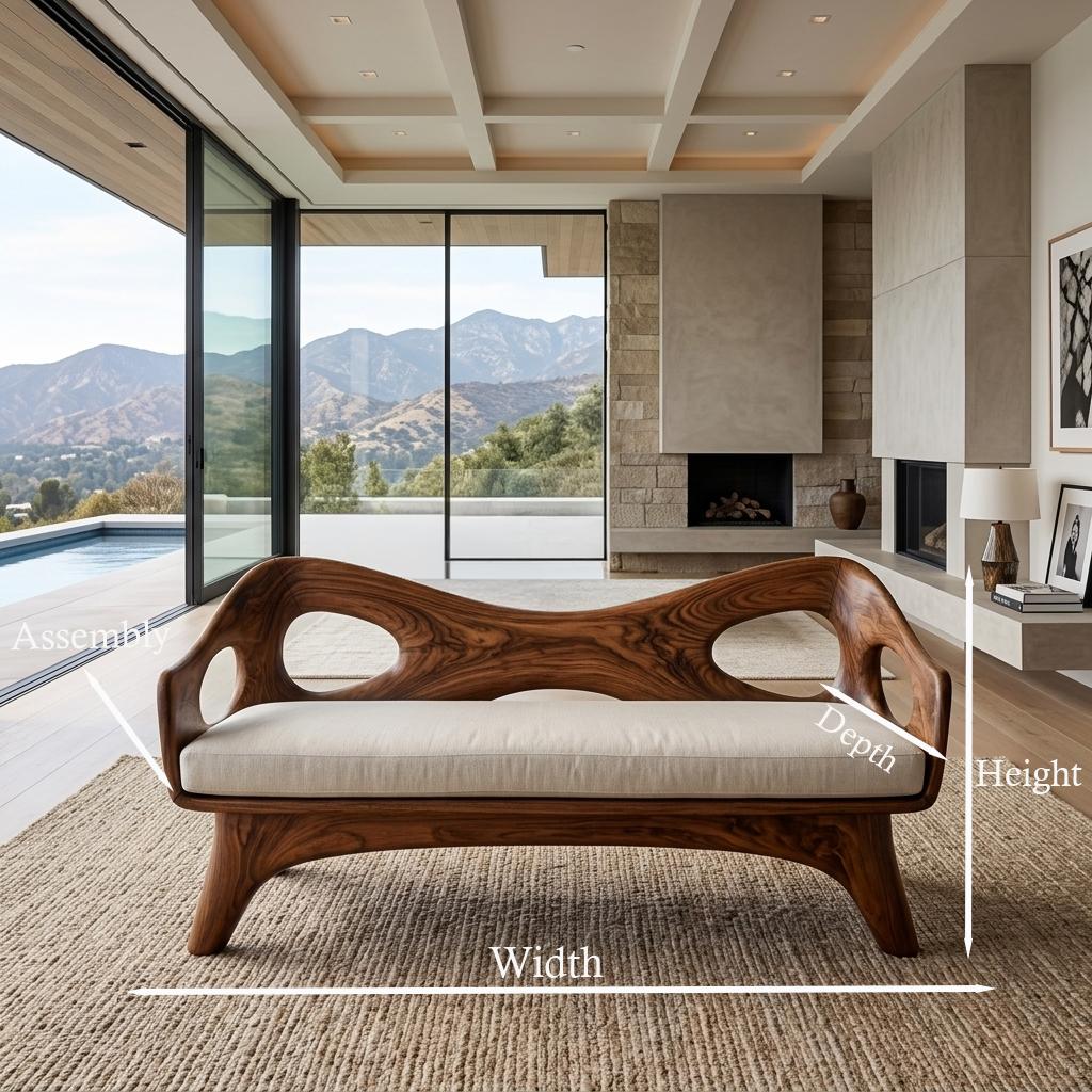 Organic Wooden Sofa with Unique Backrest, Sculptural Solid Wood Loveseat Couch for Living Room & Lounge, Model