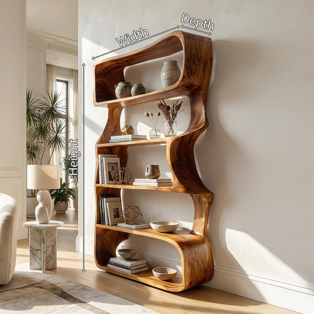 Organic Wooden Bookshelf, Handcrafted Solid Wood Display Rack & Geometric Bookcase for Living Room & Home Office