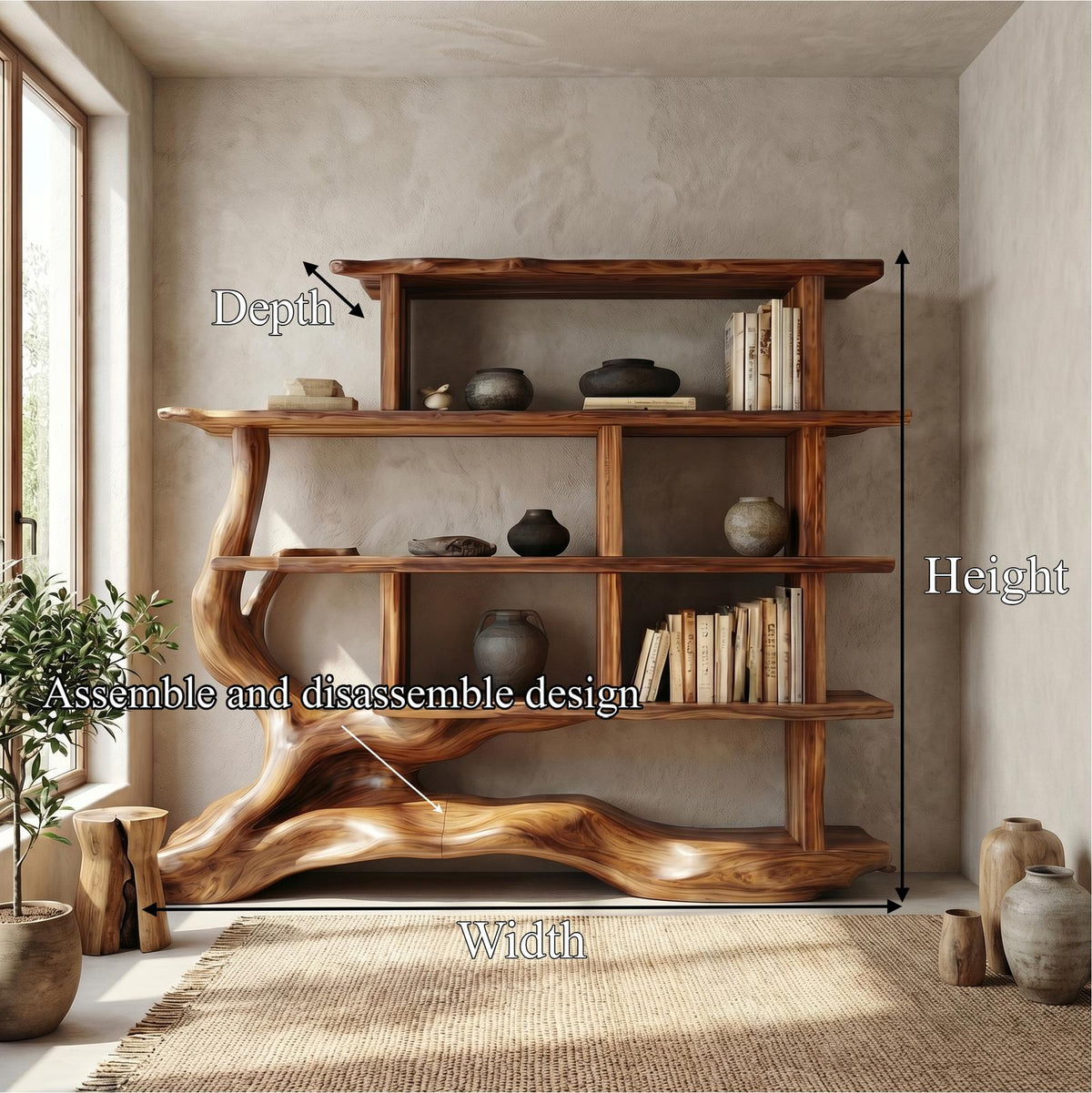 Unique Designer Bookshelf, Solid Wood Sculptural Multi-Tier Bookcase & Display Shelf for Living Room, Office